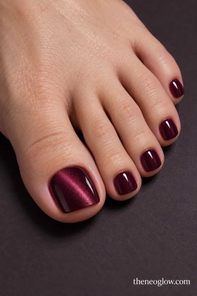 Reflective plum velvet big toenail with glossy plum smaller toenails