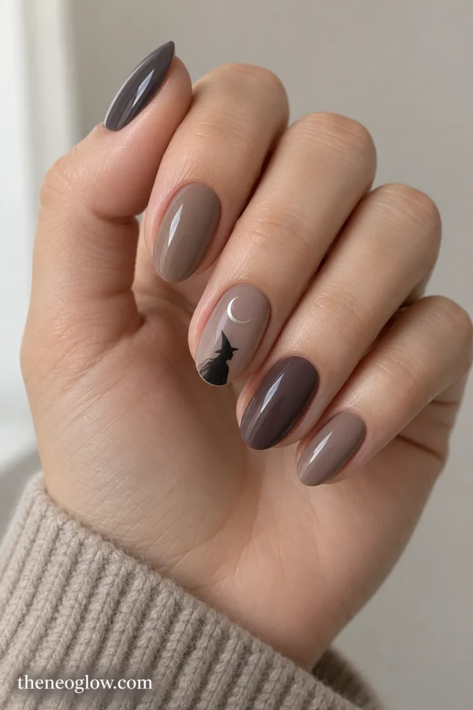 Smoky nude oval nails with a small black pointed-hat silhouette and a thin silver crescent above it.