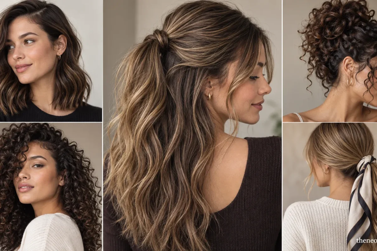 Editorial collage of polished women’s hairstyles including curls, a side-part tuck, half-up hair, an updo, and a scarf ponytail