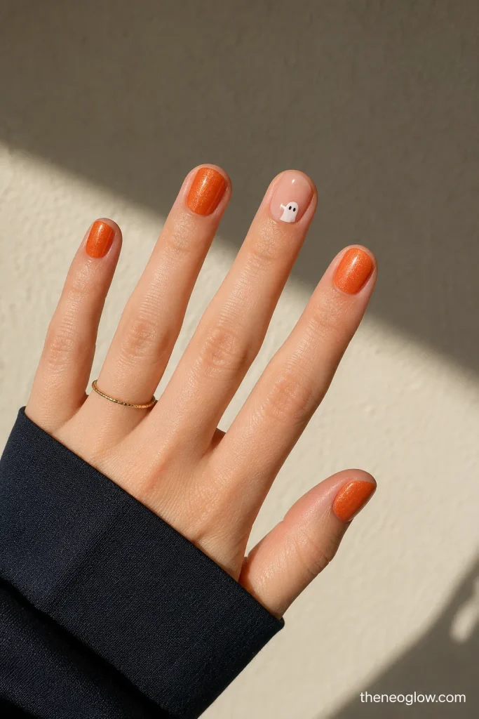 Short oval pumpkin-orange shimmer nails with one nude accent nail featuring a tiny white ghost. short halloween nails 