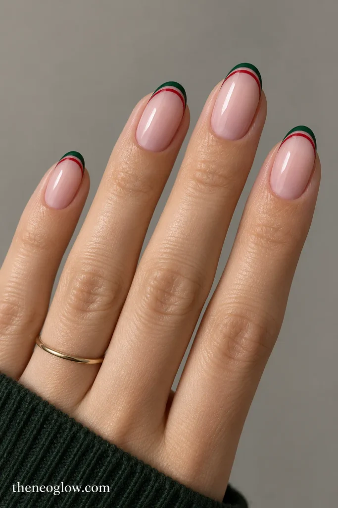 Medium oval nails with layered evergreen and cherry-red double French tips over a sheer base.