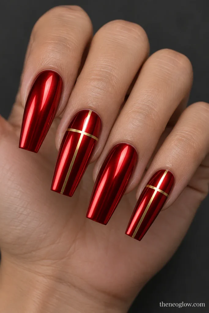 Long coffin nails with red mirror chrome and fine gold ribbon-like lines.
