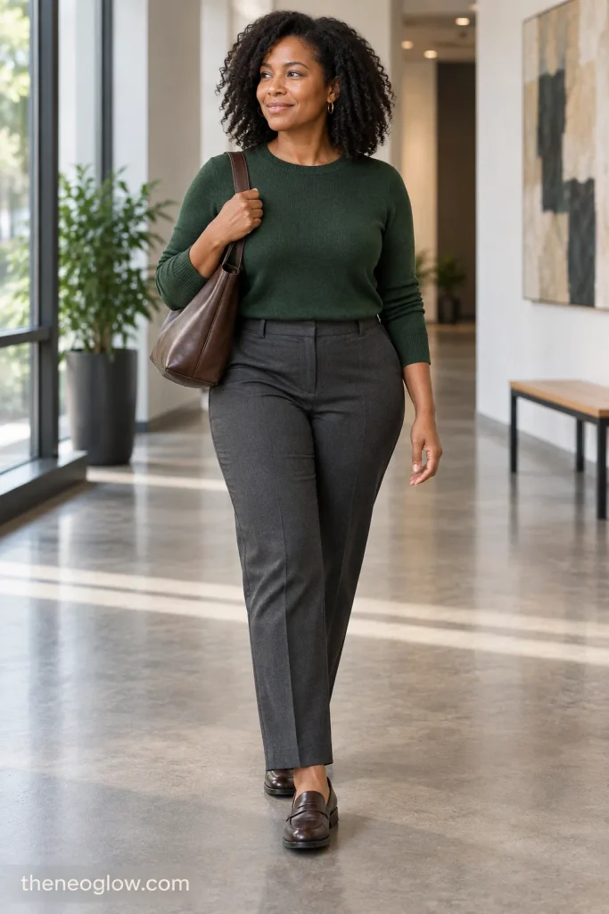 Woman in a forest green knit and charcoal trousers with loafers, a simple bag, and restrained jewelry.