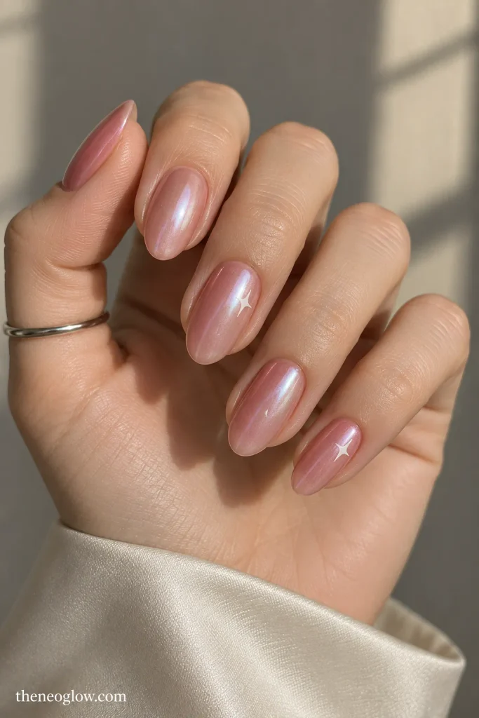 Rose pearl-chrome almond nails with small white four-point star accents.