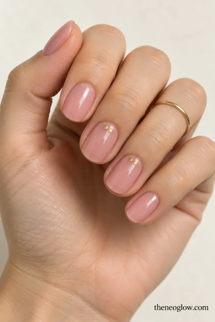 Sheer rosy nude nails with paired gold dots near the cuticle on accent nails.