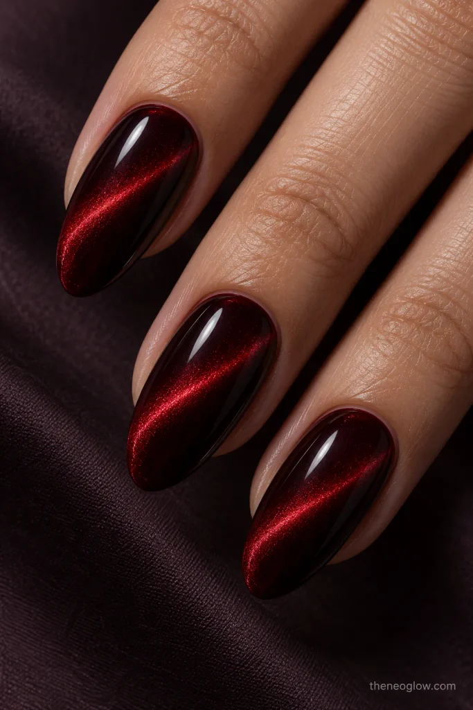 Ruby-black almond nails with narrow diagonal red magnetic cat-eye beams.