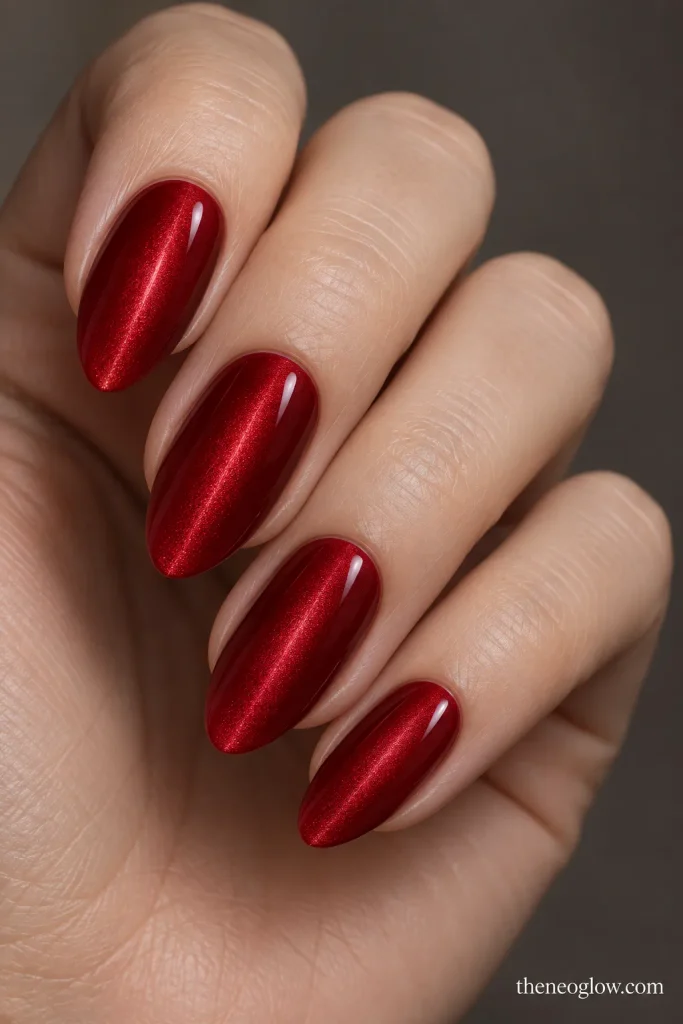 Medium almond ruby-red magnetic nails with centered velvet cat-eye beams.