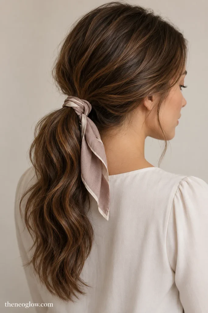Low softly textured ponytail tied with a narrow scarf scaled to the hair volume
