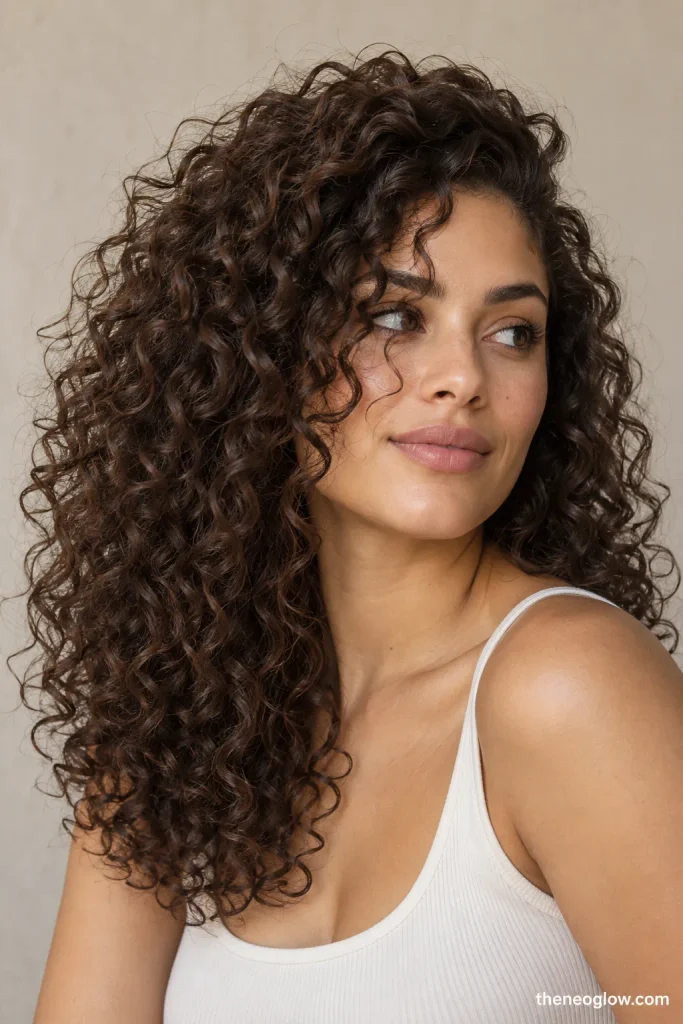 Full natural curls shaped with intentional side volume and a clean polished silhouette