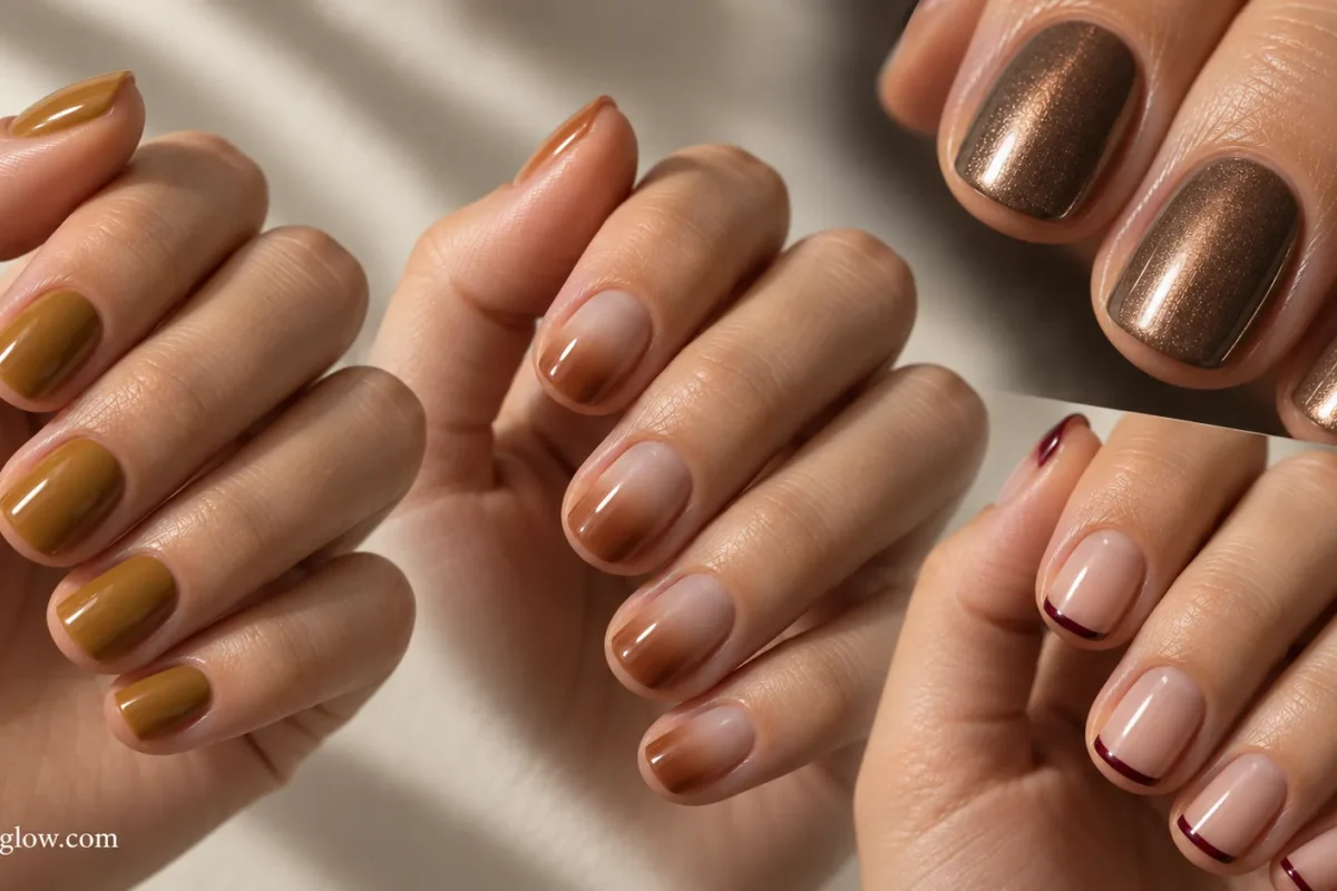 Editorial collage showing muted marigold, cinnamon gradient, taupe-bronze chrome, and black-cherry edge manicures for September.