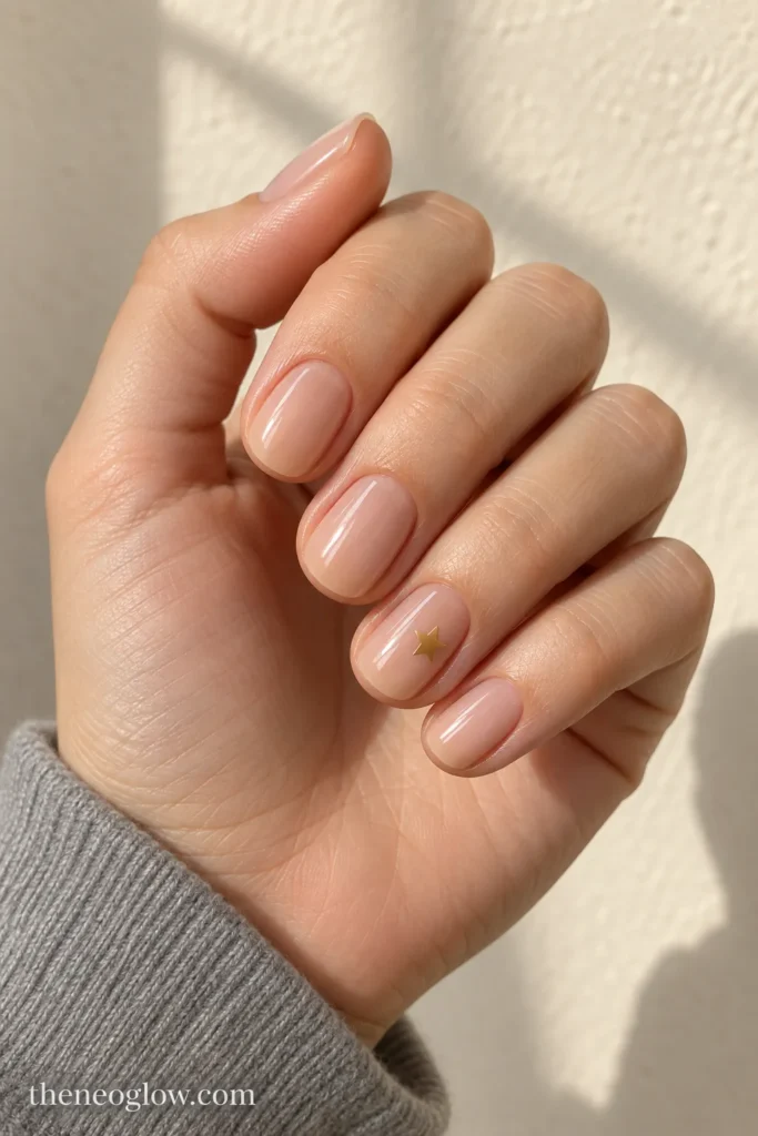 Short sheer-beige nails with one small flat gold star accent.