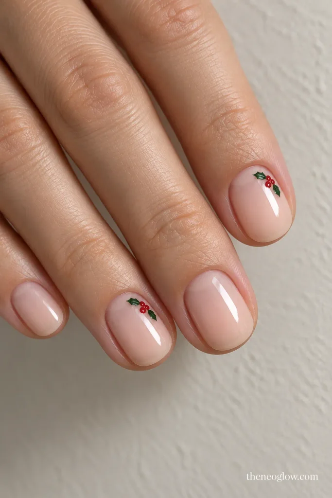 Short oval sheer nude nails with tiny red berry and dark-green holly corner accents.
