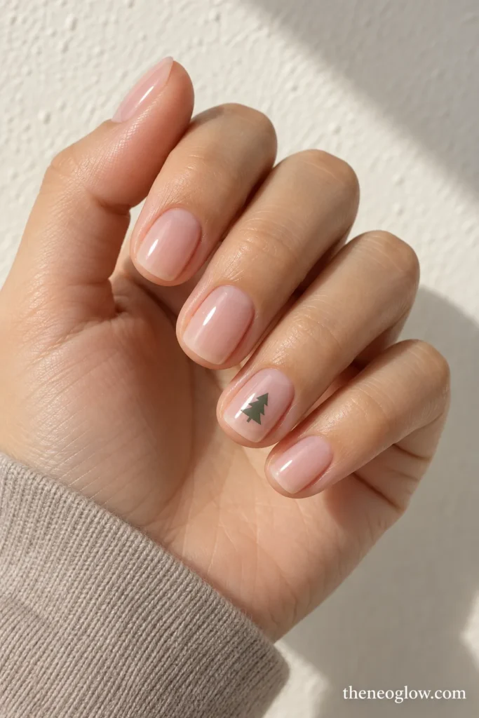 Sheer pink nails with one tiny flat evergreen tree accent on the ring finger.