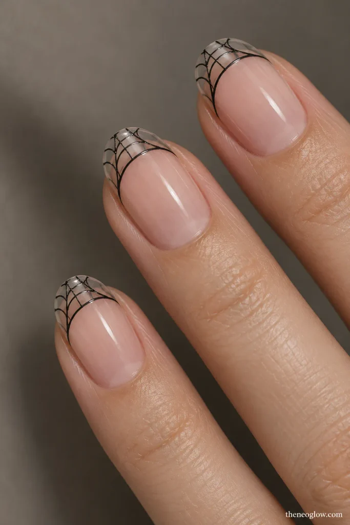 Sheer nails with fine black spiderweb lines outlining the French tip area.