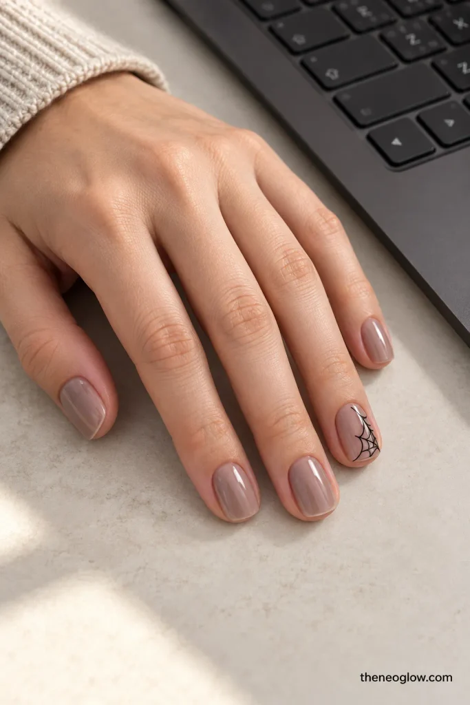 Short squoval taupe-beige nails with one fine black corner web beside a laptop keyboard.