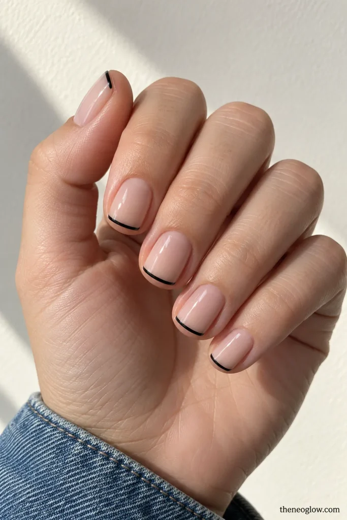 Very short squoval nails with hairline straight black French tips over a sheer base.