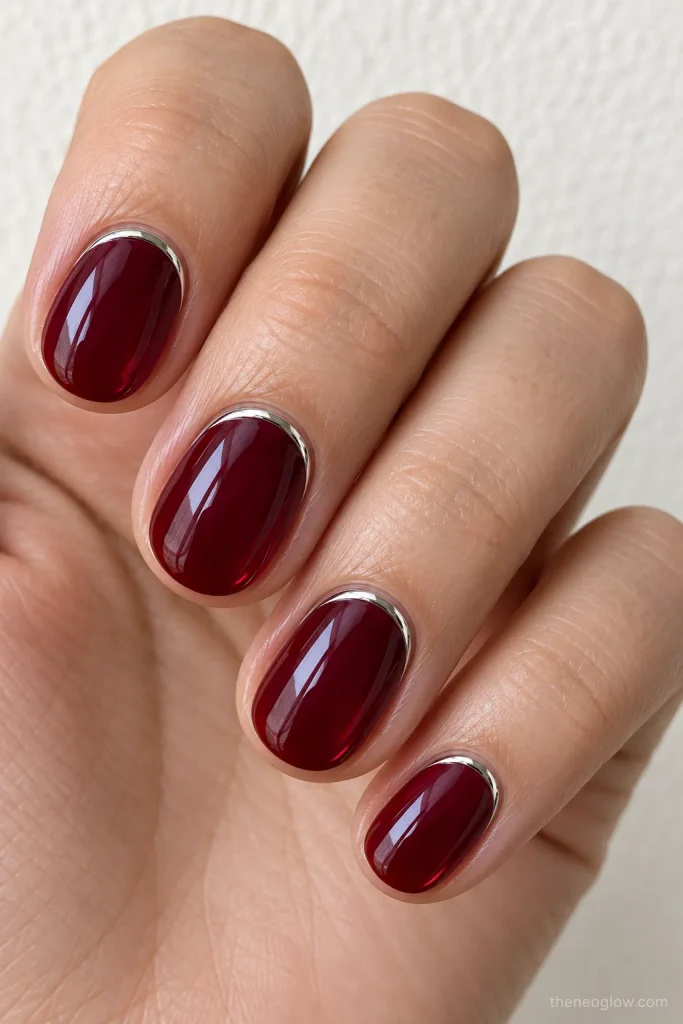 Short wine-jelly oval nails outlined with narrow silver-chrome crescents at the cuticles.