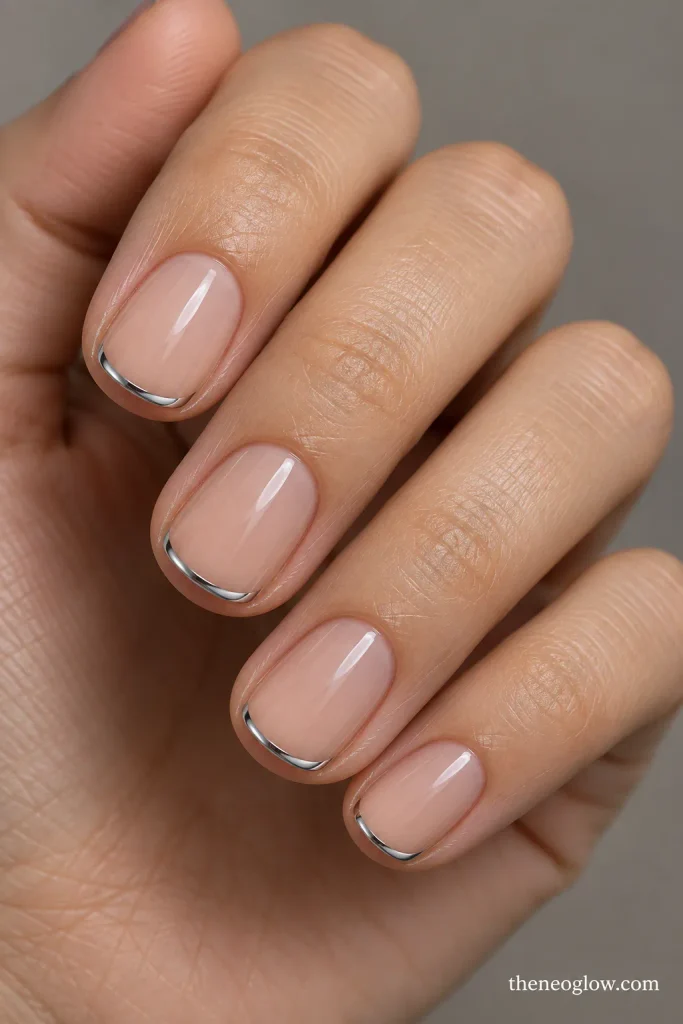 Short squoval nails with sheer neutral bases and ultra-thin silver mirror French tips.