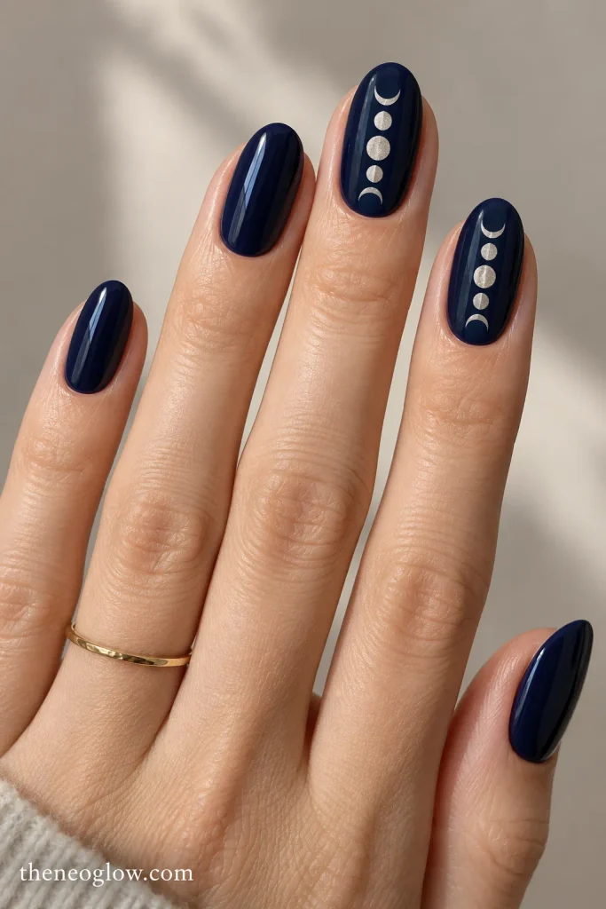 Deep midnight-blue oval nails with a fine silver moon-phase sequence across accent nails.