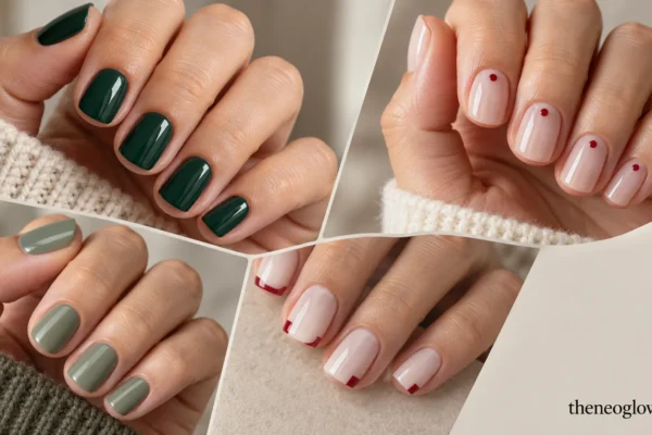 Four-part collage of simple Christmas manicures in evergreen, milky neutral with red dots, sage satin, and cranberry geometric accents.