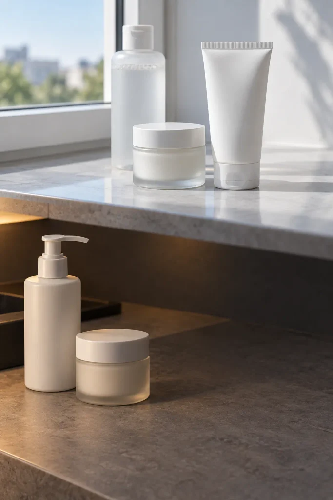 Minimal daytime and evening skin care setups showing sun protection by day and cleansing and moisturizing at night.