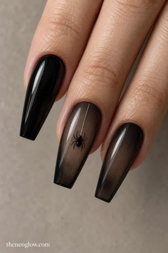 Smoky long coffin nails with one small black spider suspended from a fine silver thread.