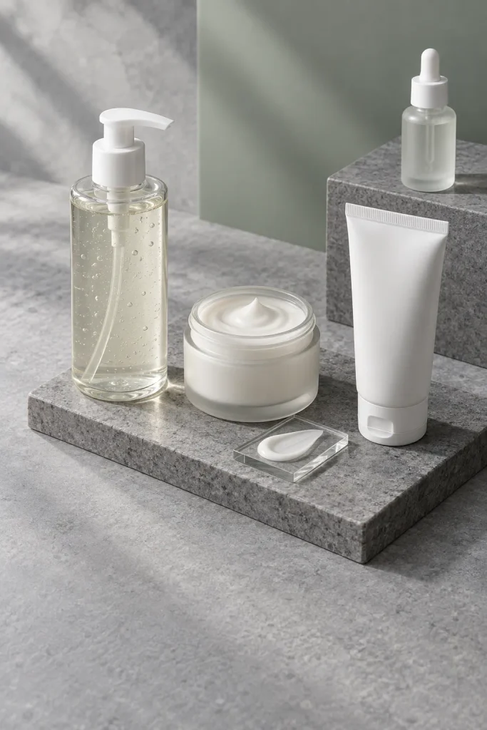Unbranded cleanser, moisturizer, sunscreen, and optional serum arranged to show the main jobs in a simple skin care routine.