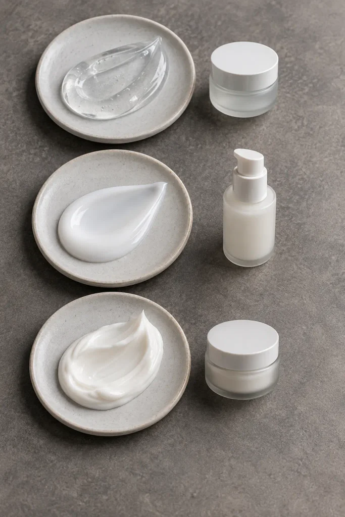 Translucent gel, light lotion, and rich cream textures shown side by side for comparing skin care formats. skin care