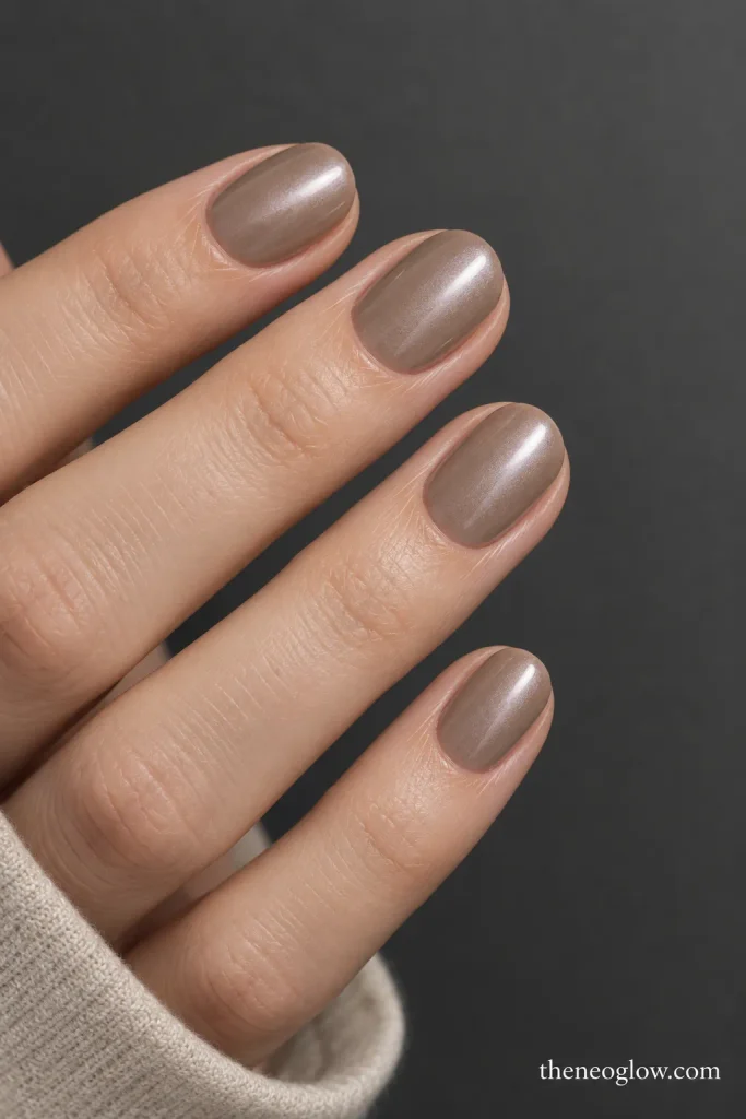 Short oval taupe nails with a subtle smoky pearl finish.