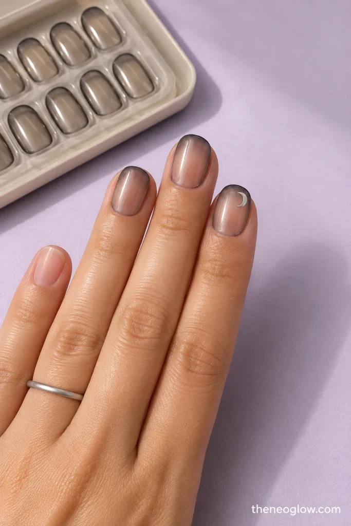 Short oval smoky-glass press-ons dry-fitted on three nails beside a small tray of matching tips.
