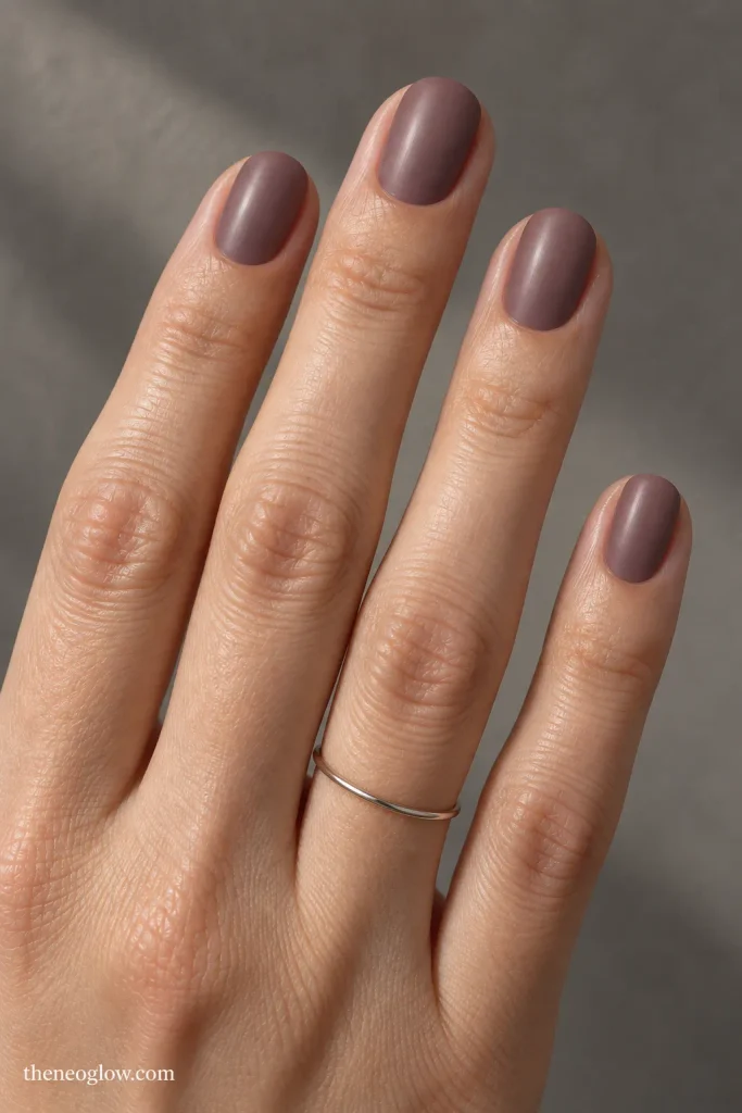 Smoky mauve nails with a soft satin finish and understated neutral depth.