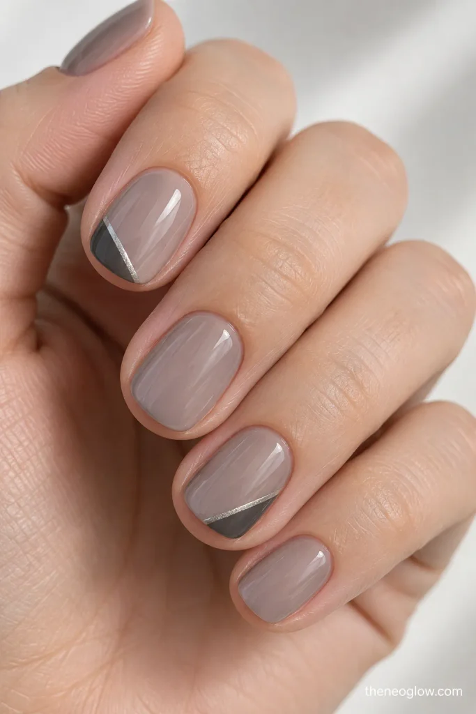 Sheer mushroom-gray nails with a cropped charcoal corner polygon and a muted silver edge.