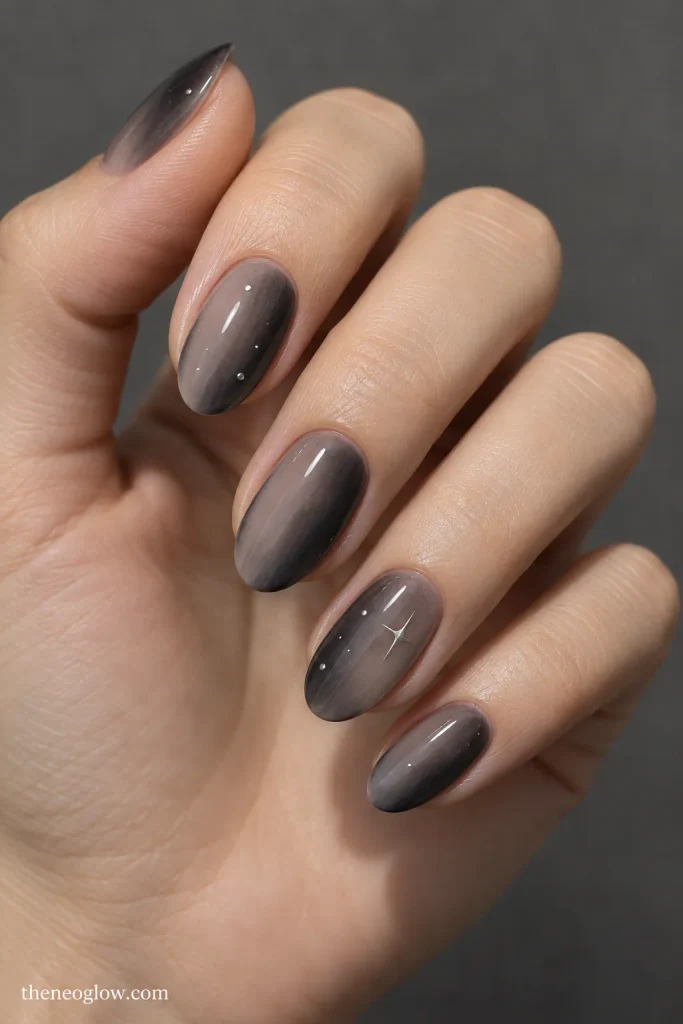 Translucent charcoal nails with asymmetrical smoky shading and scattered silver pinpoint stars.