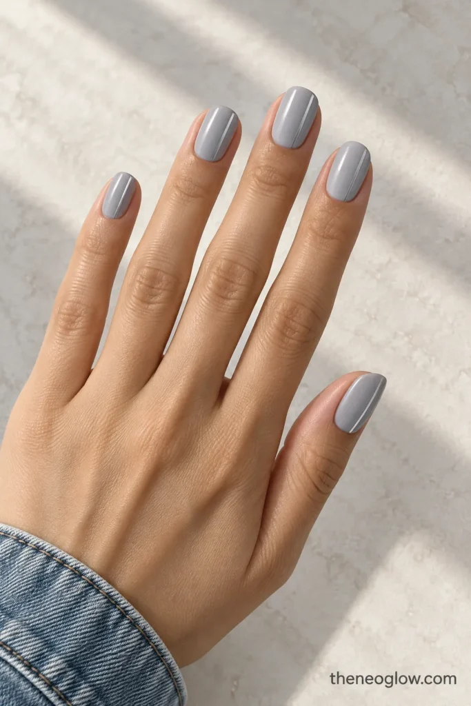 Soft dove-gray nails with a narrow metallic-silver stripe along one side.