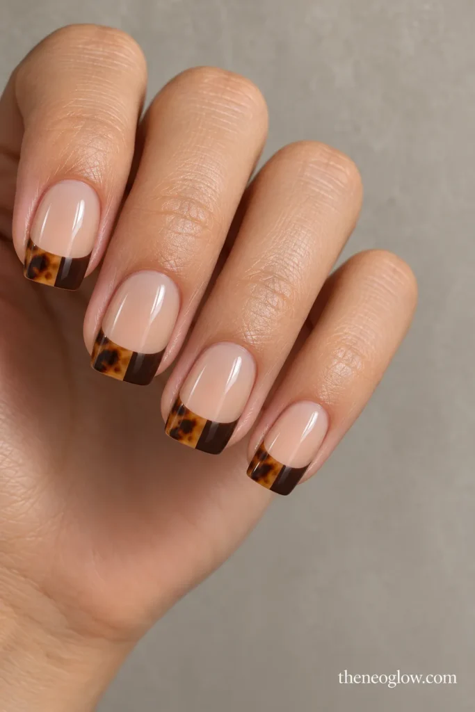 Sheer neutral nails with French tips split cleanly between tortoiseshell and opaque espresso brown.
