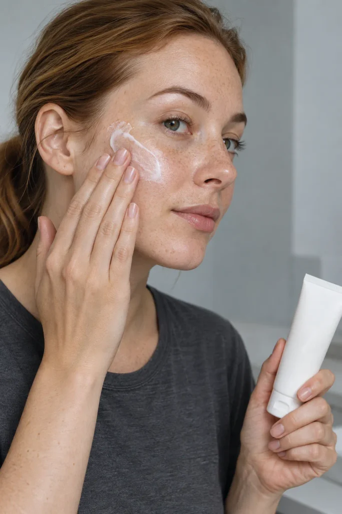 Adult applying unbranded sunscreen to the cheek as the protection step in a simple daytime routine.