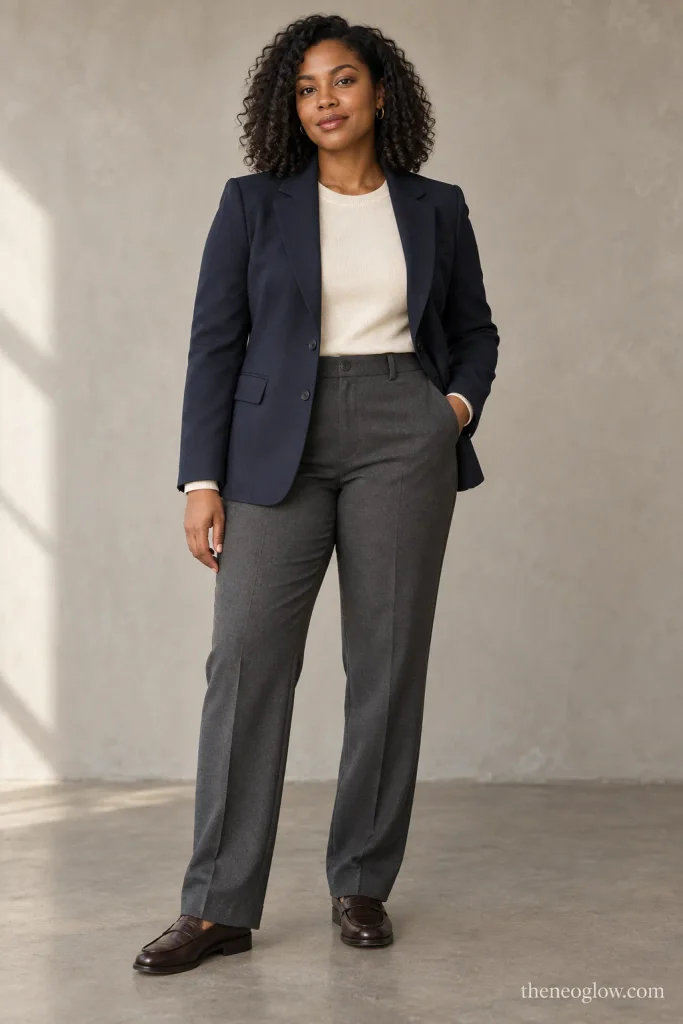 Woman in a tailored navy blazer and charcoal trousers showing clean shoulder fit, balanced proportions, and a natural trouser break.