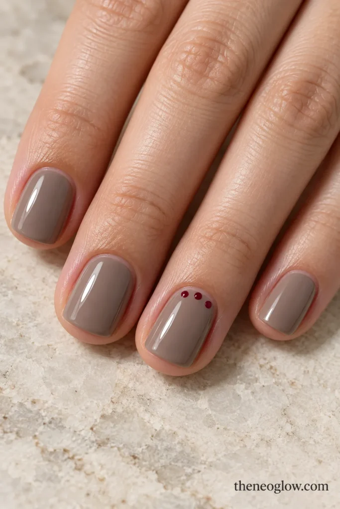 Glossy taupe nails with three tiny cranberry dots curved along the ring-finger cuticle.