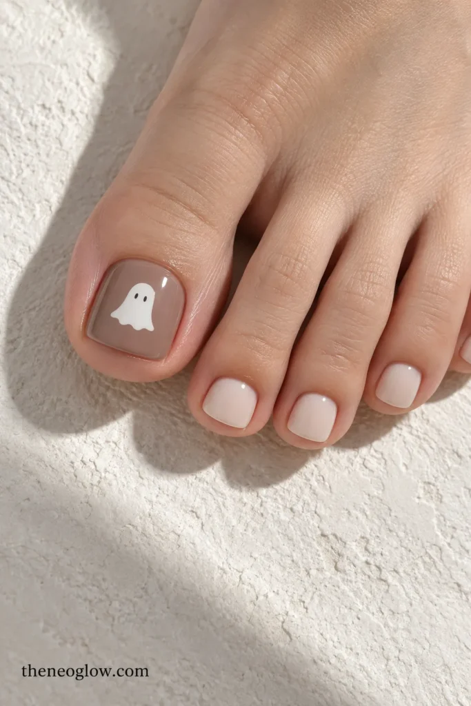Taupe big toenail with a simple white ghost and milky beige smaller toenails