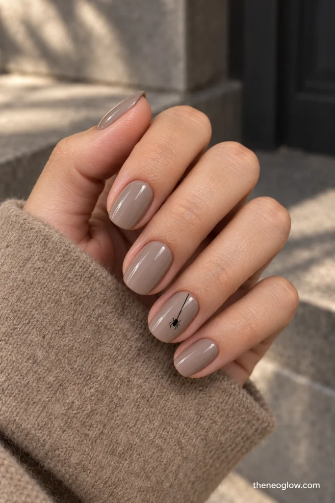 Cool taupe nails with one accent showing a hairline black  thread and tiny hanging spider. classy Halloween nails 