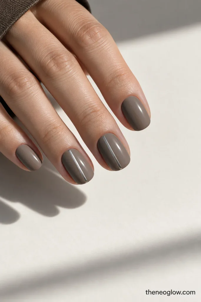 Muted taupe nails with narrow off-center pewter pinstripes on two accent nails.