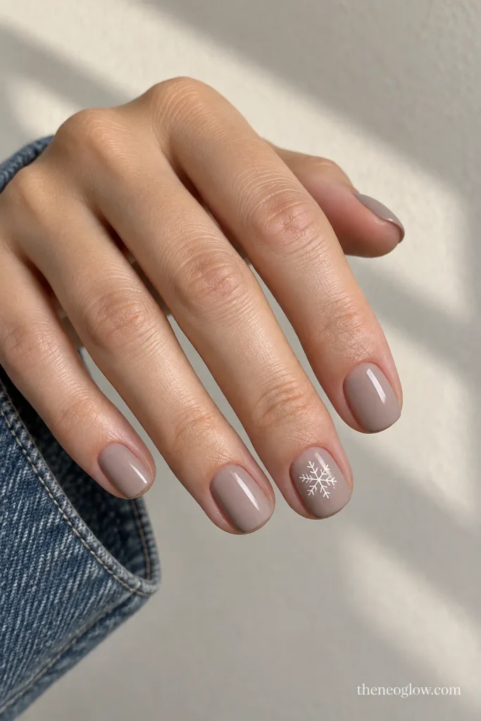 Short soft-square taupe nails with one small white snowflake accent.