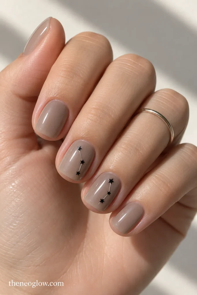 Short translucent taupe square nails with tiny black stars linked by delicate silver lines.
