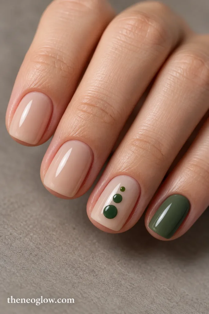 Simple neutral manicure with three stacked green dots forming a tiny tree-like accent.