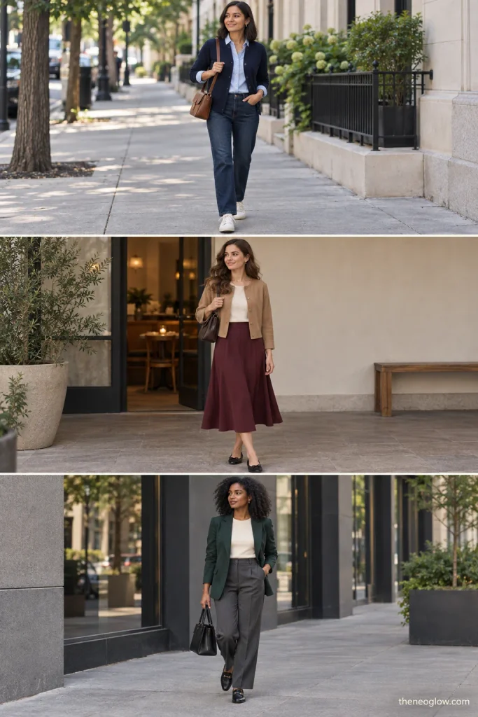 Three editorial outfits showing easy everyday, soft feminine, and structured wardrobe routes.