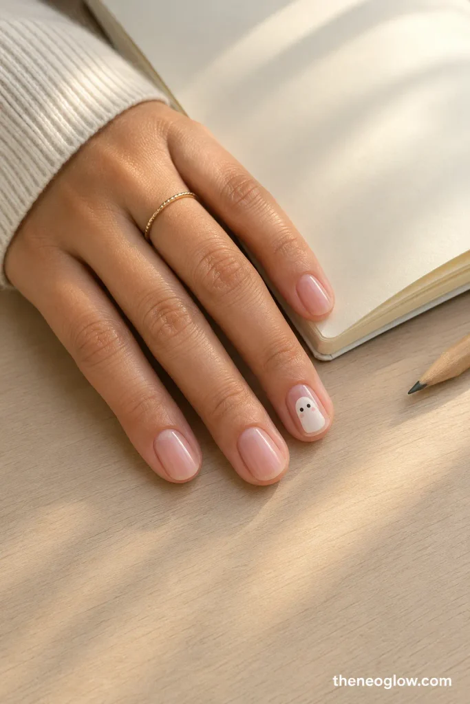 Short translucent pink oval nails with one tiny white ghost accent featuring dark eyes and small blush dots.