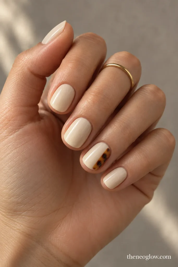 Short warm-cream oval nails with a tiny cropped amber-brown tortoiseshell corner accent.