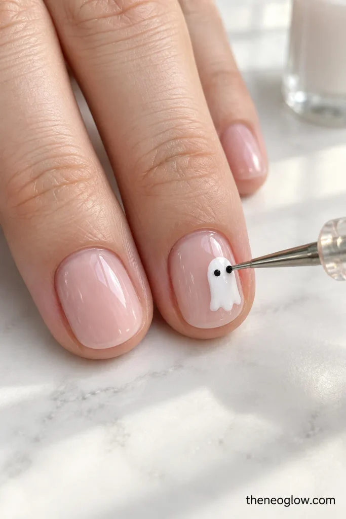 A dotting tool adds black eyes to a small white ghost on a sheer blush short oval nail.