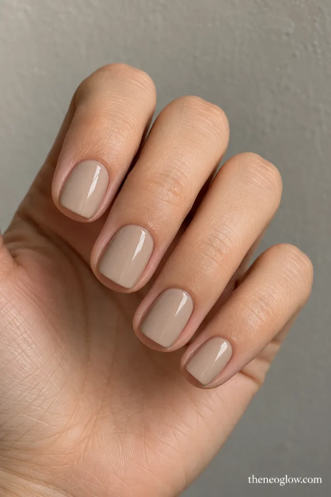Short soft-square nails painted in opaque warm oat-beige cream.