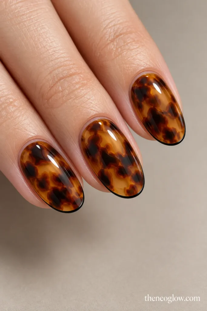 Medium oval tortoiseshell nails finished with ultra-thin black micro French edges.